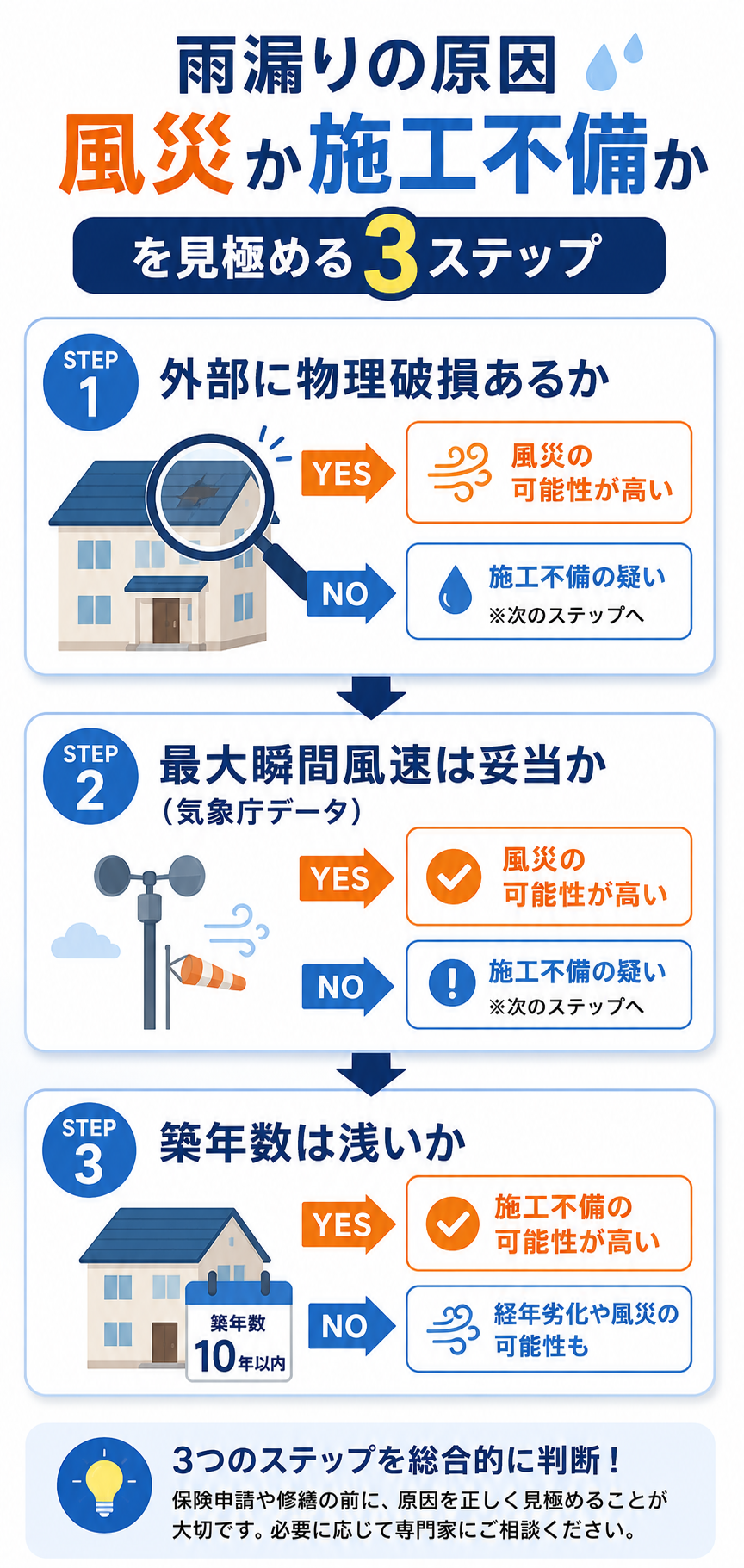 雨漏りの原因が風災か施工不備かを見極める3ステップ判断フロー
