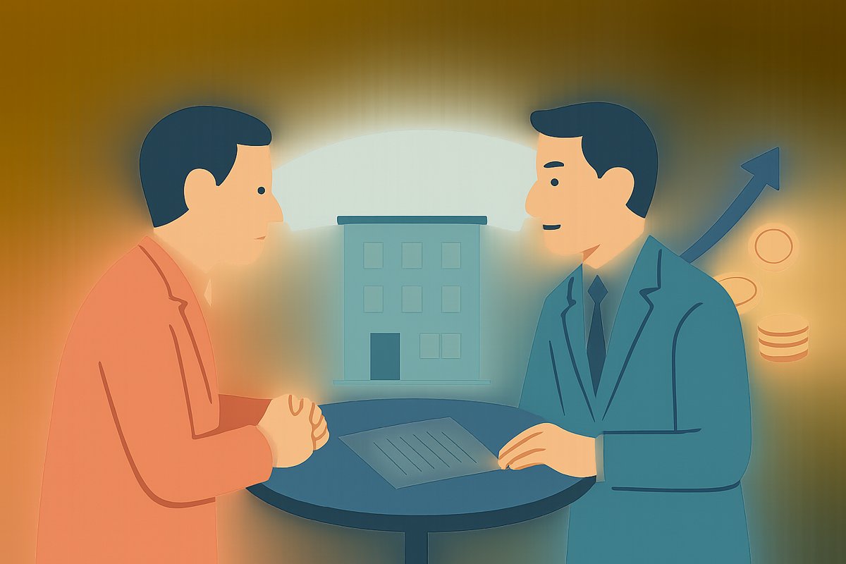 AD(広告料)値上げを通達する管理会社と大家が契約書を挟んで交渉するイメージ