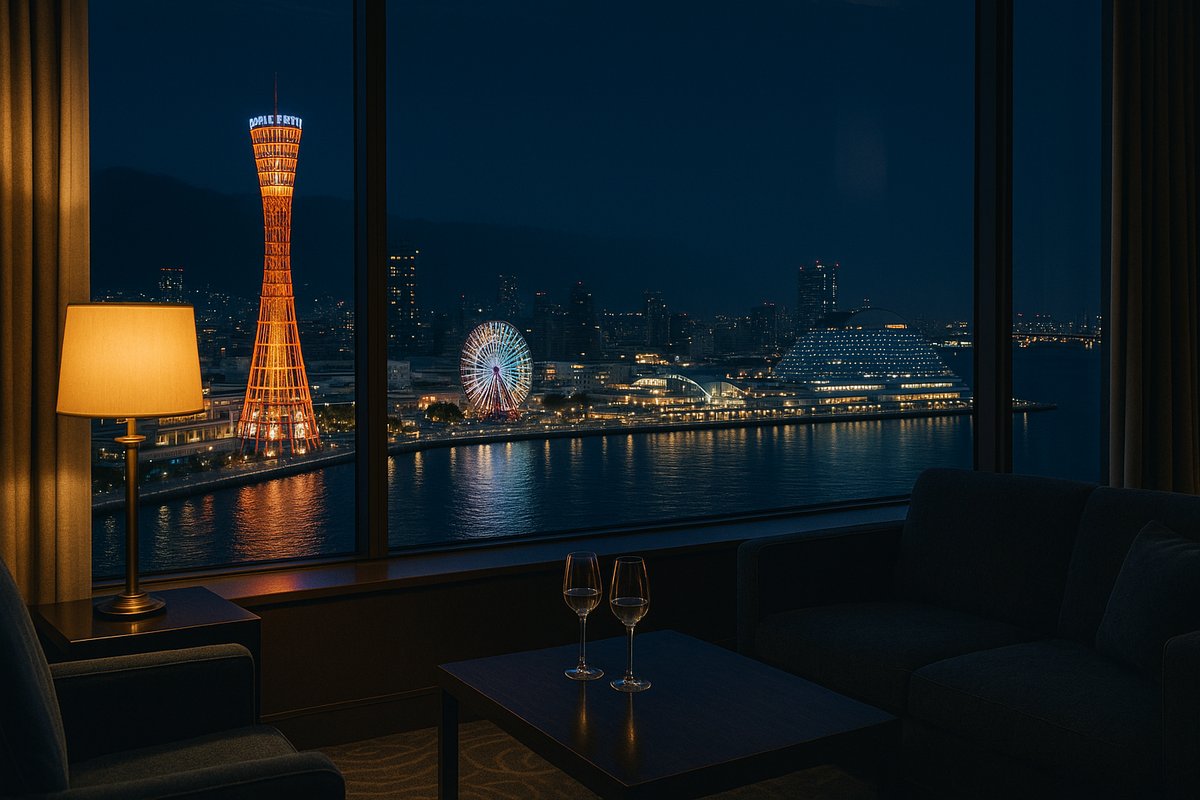 神戸ポートタワーと港の夜景を望むホテル客室のイメージ