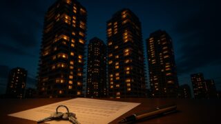 夜の高級レジデンスと契約書類・鍵のイメージ