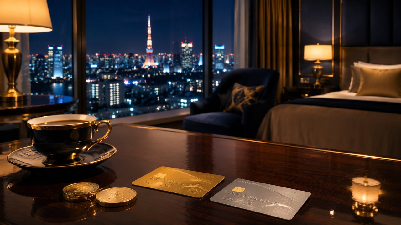 ヒルトンアメックスと高級ホテルの夜景（東京タワーを望むラグジュアリーな客室・イメージ）