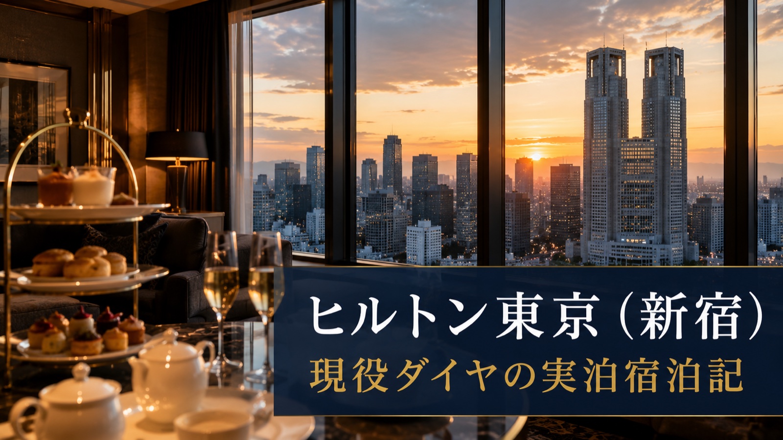 ヒルトン東京（新宿）宿泊記｜現役ダイヤの実泊宿泊記。新宿の高層ビルと都庁の夕景を望むラウンジ