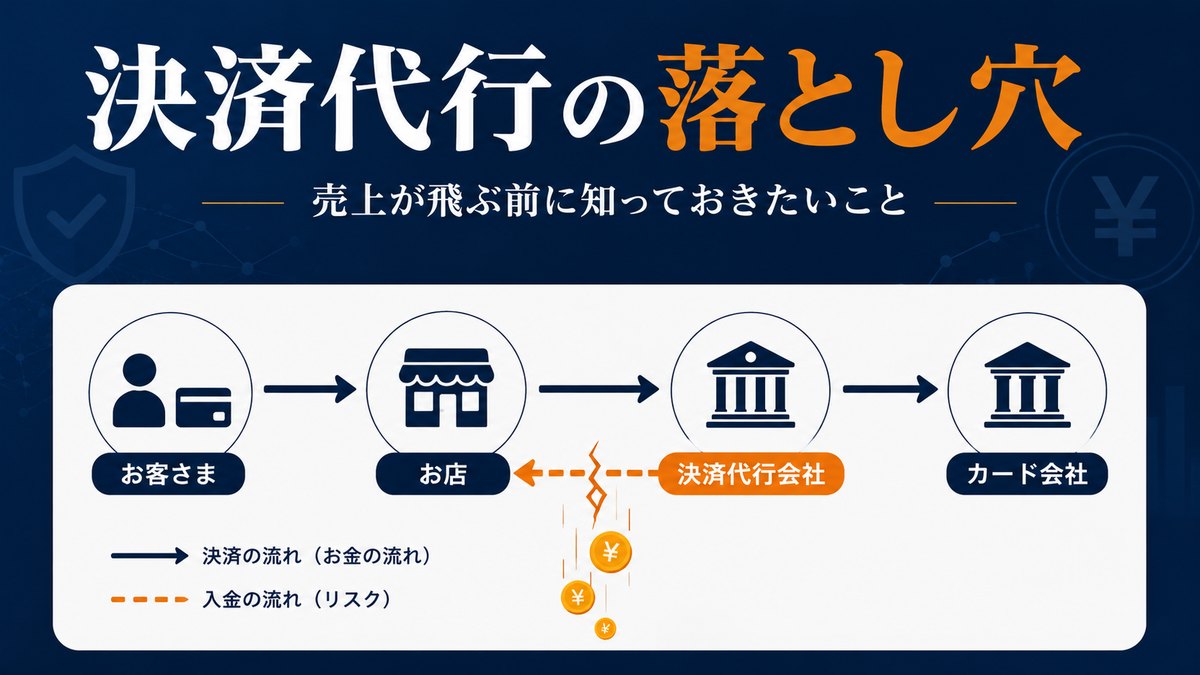 決済代行の仕組みと“売上が飛ぶ”リスクの図解｜お客さま→お店→決済代行会社→カード会社のお金の流れと、決済代行が破綻すると入金前の売上が消えるリスク