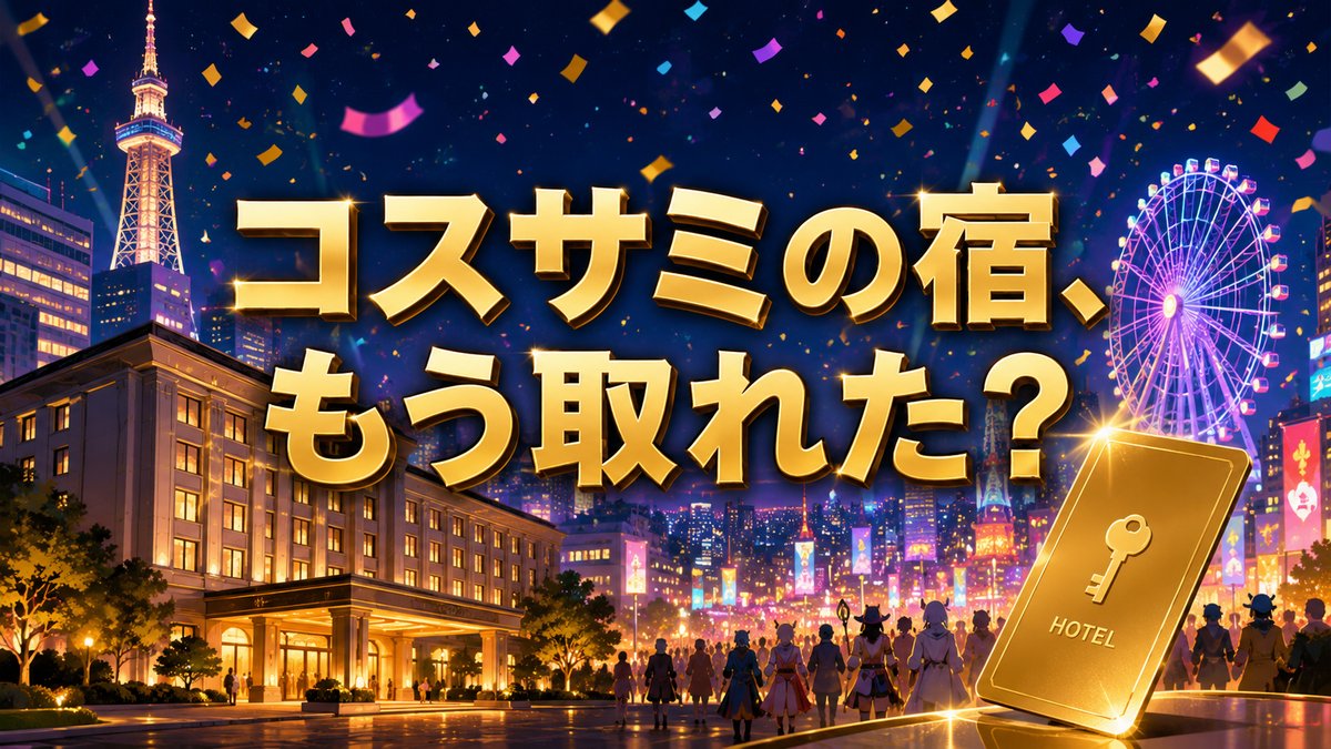 コスサミの宿、もう取れた？ 名古屋の夜景とホテルのイラスト
