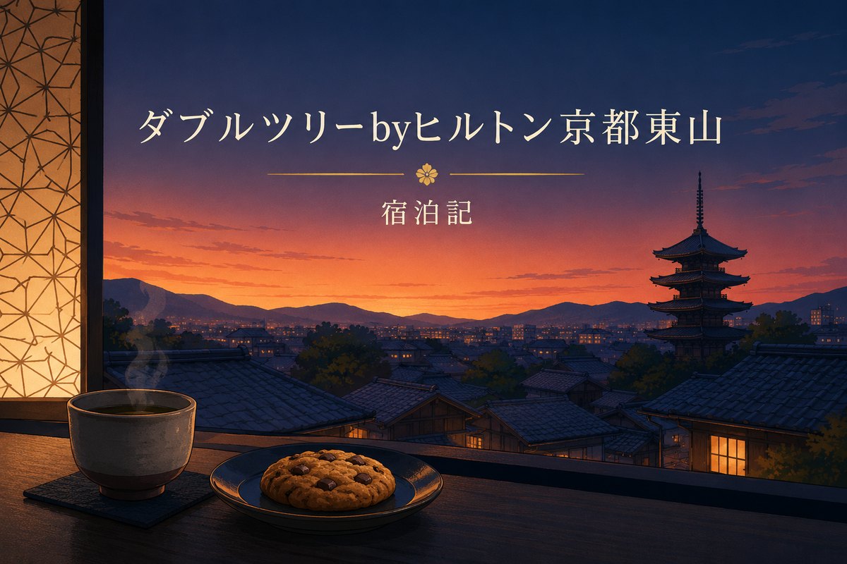 ダブルツリーbyヒルトン京都東山 宿泊記のアイキャッチ｜東山の夕景と八坂の塔、窓辺の湯呑みとチョコチップクッキーのイラスト