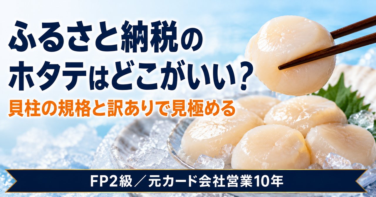 ふるさと納税のホタテはどこがいい？氷の上の大粒ホタテ貝柱と箸でつまんだ刺身で、貝柱の規格と訳ありの見極め方を示すアイキャッチ
