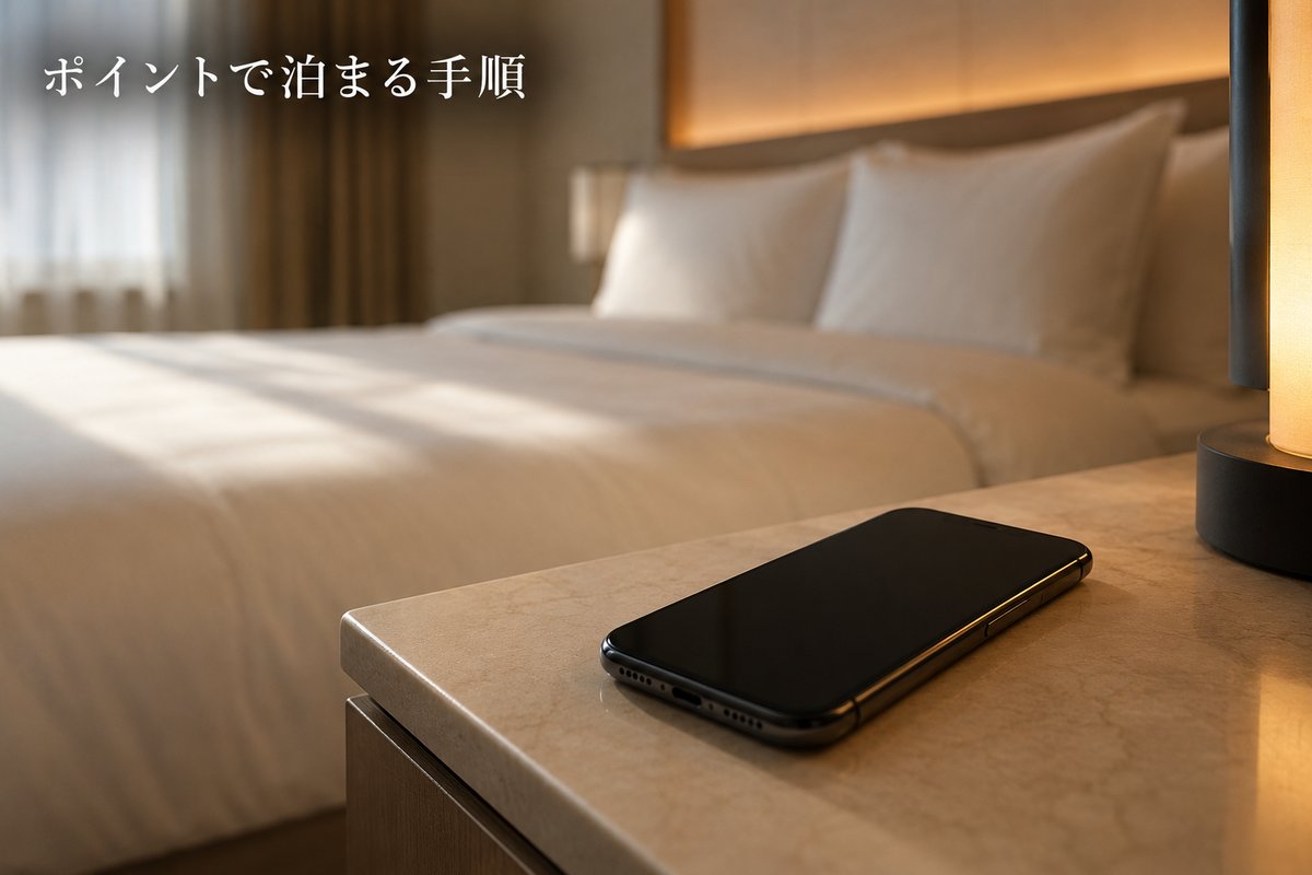 ヒルトンポイントで泊まる手順｜ホテル客室のベッドサイドに置かれたスマートフォンのイメージ