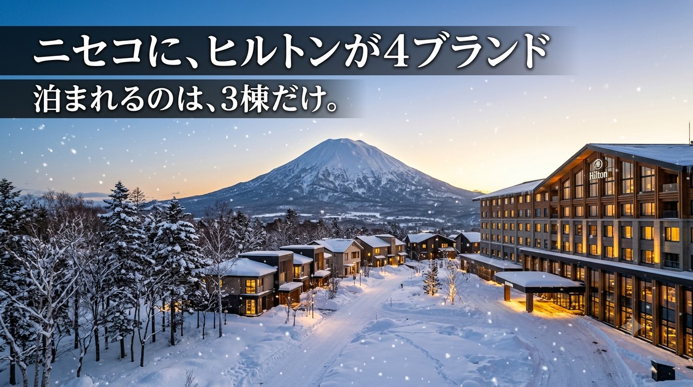 冬のニセコビレッジ｜羊蹄山を背にしたヒルトン・ニセコビレッジと、ニセコに集まるヒルトン系4ブランドのイメージ