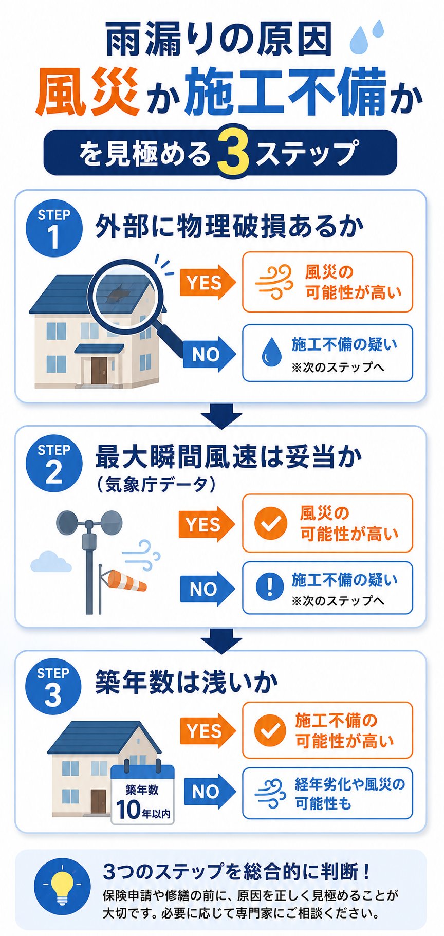 雨漏りの原因が風災か施工不備かを見極める3ステップ判断フロー