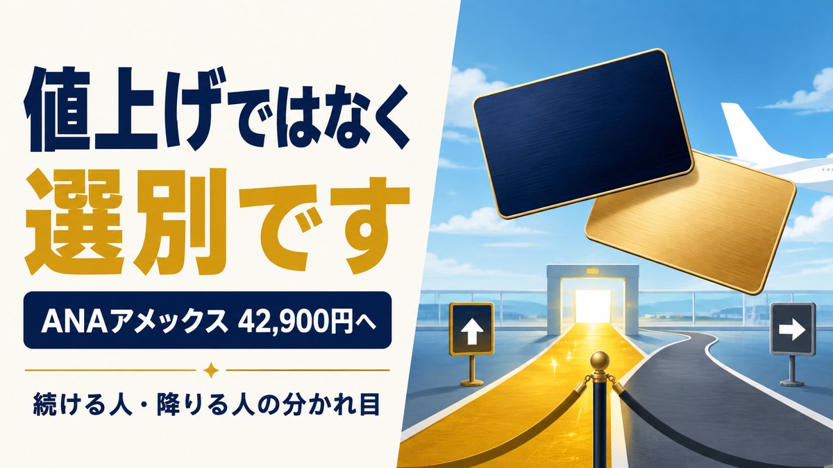 ANAアメックスの年会費改定を「選別」と表現したイメージ。無地の紺と金のカードと、金色に光る道と灰色の道に分かれる空港の通路