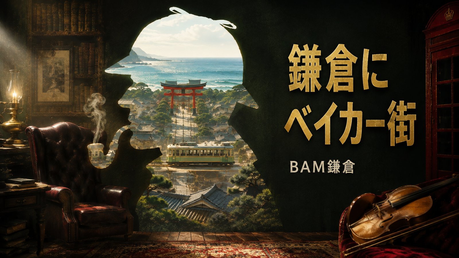 英国アンティーク博物館BAM鎌倉のイメージ。シャーロック・ホームズのシルエットの中に鶴岡八幡宮の鳥居と江ノ電、鎌倉の街並みと海が見える