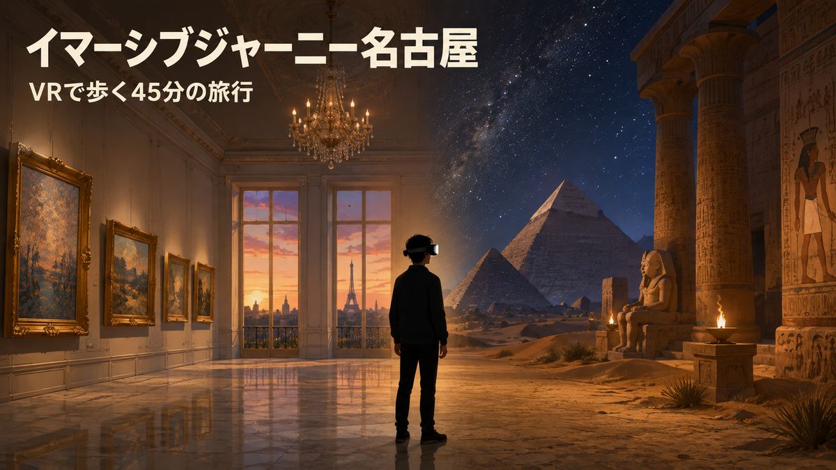 同じ部屋がパリとエジプトに分かれるイラスト。イマーシブジャーニー名古屋・VRで歩く45分の旅行