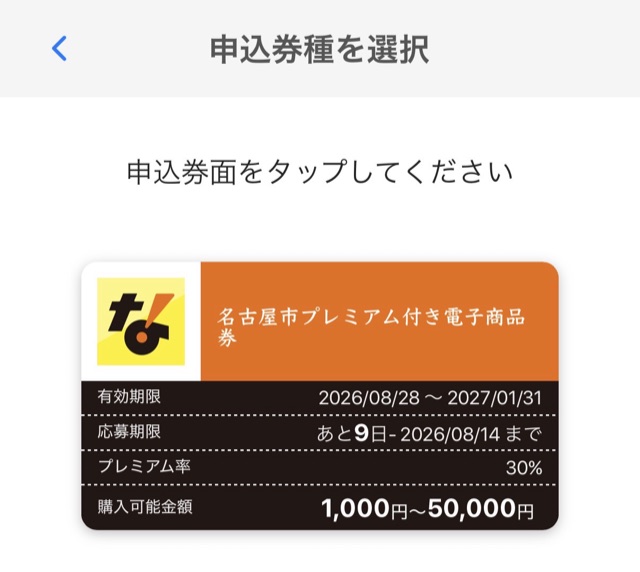 申込券種の選択画面。券面にプレミアム率30%・応募期限8月14日・有効期限・購入可能金額(名古屋市プレミアム付き電子商品券)
