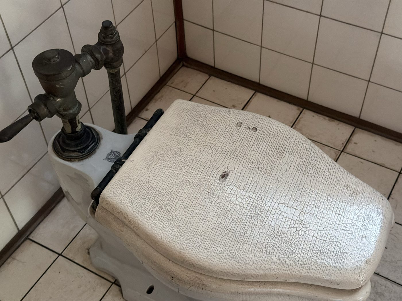 和館のトイレに残る古い便器。白い陶器のタンクに丸いロゴの刻印があり、真鍮の洗浄弁と、細かくひび割れた便座、白いタイルの壁と床が見える