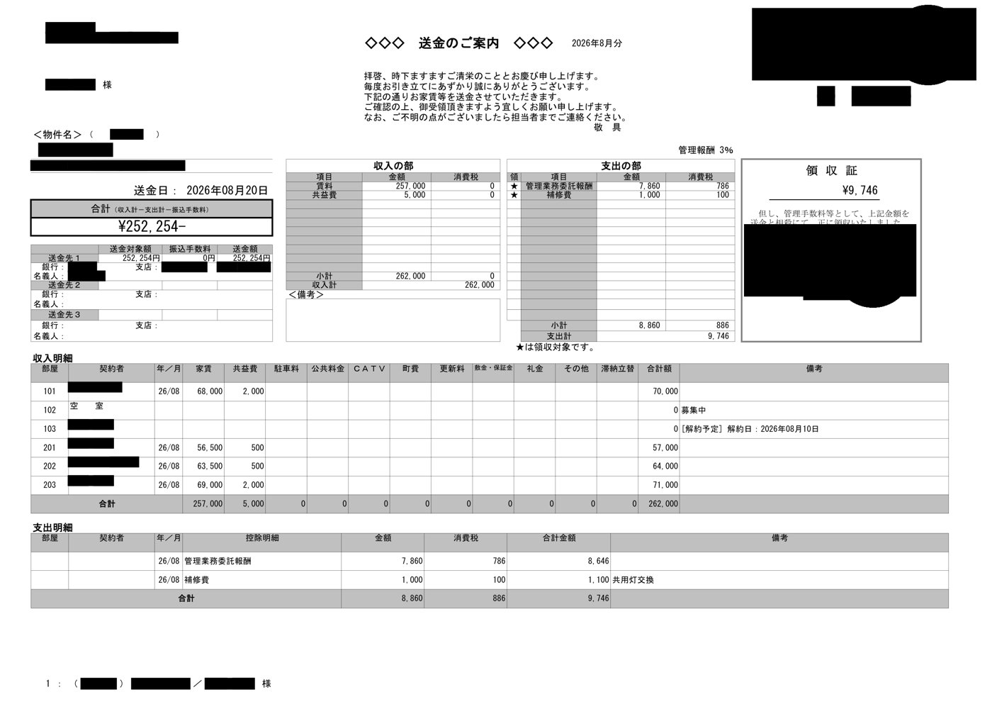 一棟アパート(6室)の2026年8月分の送金明細。部屋ごとの家賃・共益費・入居状態が並ぶレントロールと同じ構成。物件名・所在地・入居者名・管理会社名は黒塗り