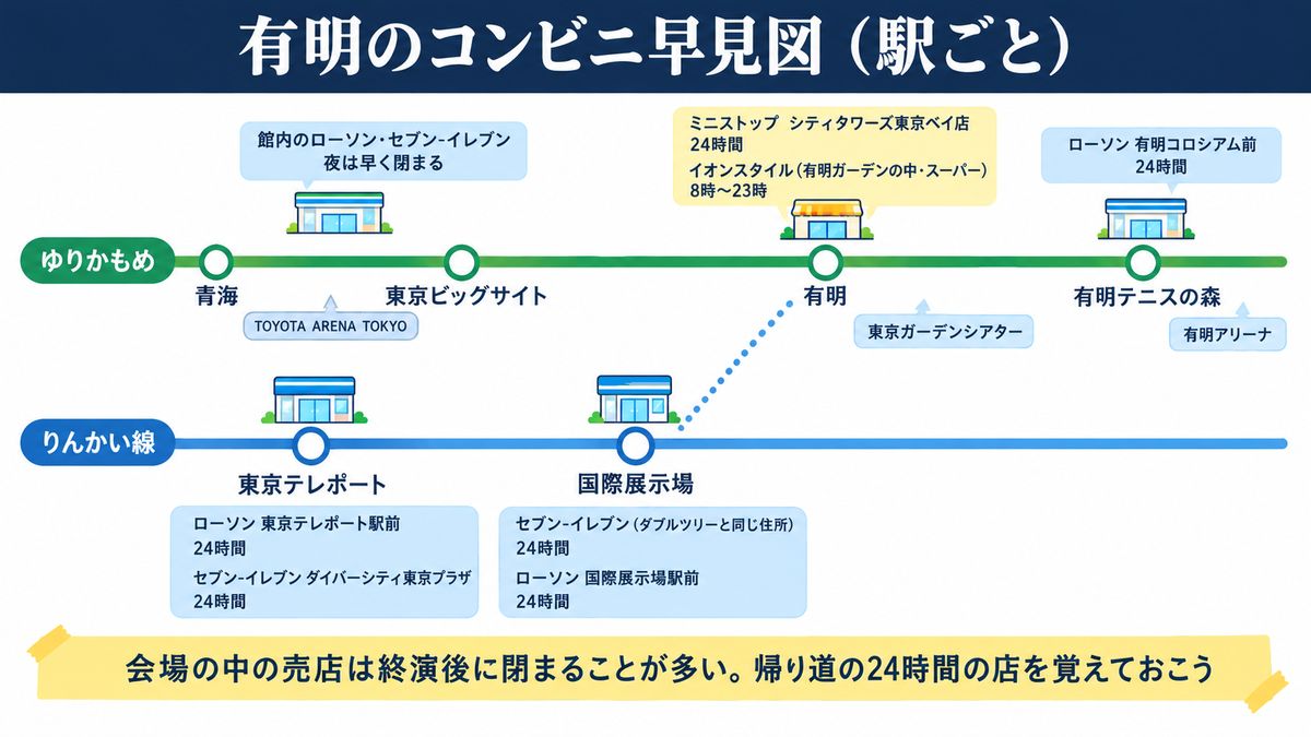 有明のコンビニ早見図(駅ごと)。東京テレポート駅はローソン東京テレポート駅前とセブン-イレブン ダイバーシティ東京プラザが24時間。東京ビッグサイトの館内のローソン・セブン-イレブンは夜は早く閉まる。国際展示場駅はセブン-イレブン(ダブルツリーと同じ住所)とローソン国際展示場駅前が24時間。有明駅はミニストップ シティタワーズ東京ベイ店が24時間、有明ガーデンの中のイオンスタイルは8時から23時。有明テニスの森駅はローソン有明コロシアム前が24時間