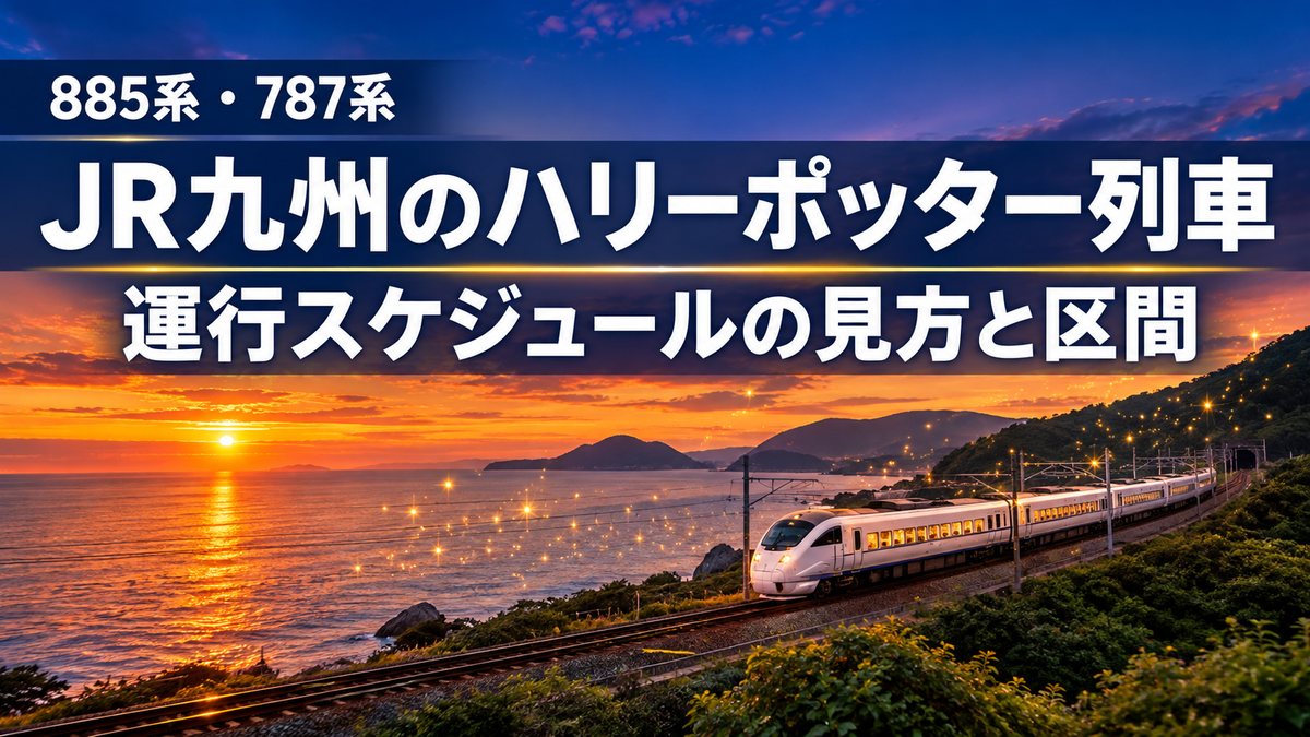 JR九州のハリーポッター列車に乗るには？運行スケジュールの見方と885系の区間のアイキャッチ｜夕暮れの海沿いを走る白い特急列車のイラスト
