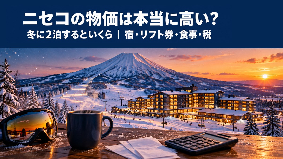 雪をかぶった山とゲレンデのふもとのリゾートホテルを、テーブルの電卓とレシート越しに見た冬の夕方の景色。ニセコの物価と、冬に2泊するときの宿・リフト券・食事・税の総額を示すアイキャッチ