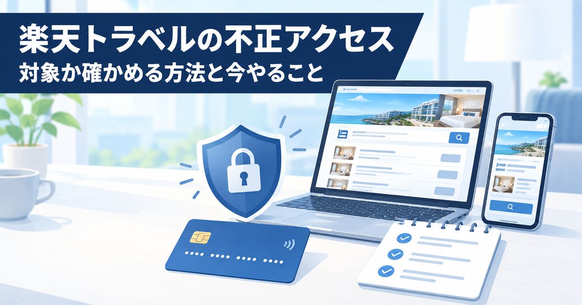 楽天トラベルの不正アクセス 対象か確かめる方法と今やること。ホテルの予約画面のノートパソコンとスマートフォン、鍵の盾、番号を伏せたカード、確認リストのイラスト